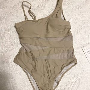 New w/ tags, Pink Lily one-shoulder one-piece swimsuit, tan, size medium